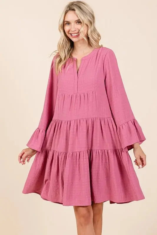 Mittoshop Tiered Notched Flare Sleeve Dress for Women - Love Salve